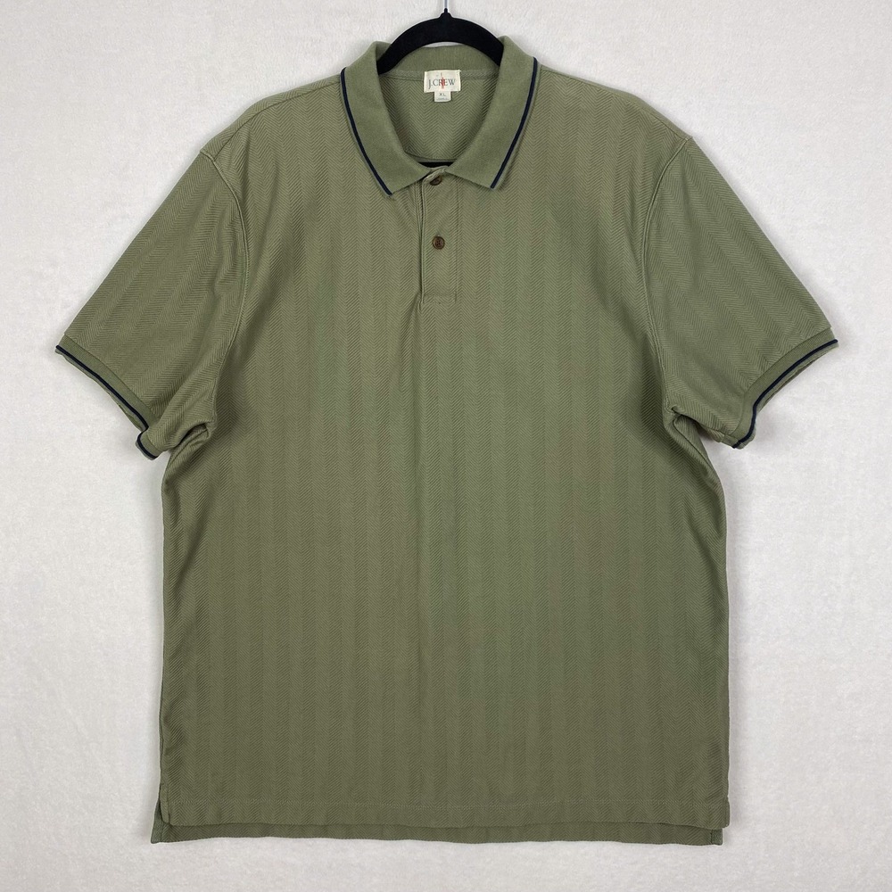 J. Crew Shirt Mens XL Green Oarsman Cotton Herringbone Tipped Short Sleeve Polo